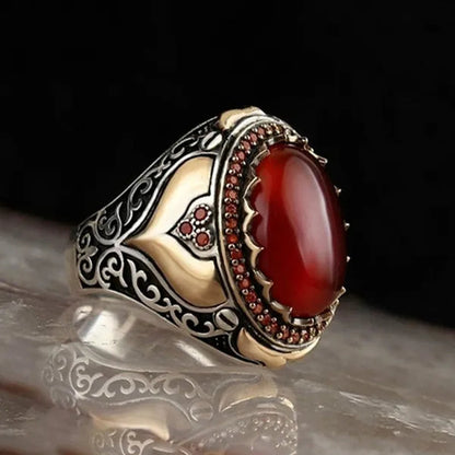 New Retro Two Tone 925 Silver Carved Ruby Inlaid Ring Big Gem Luxury Mens Party Charm Jewelry High Quality Gift