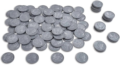 Play Quarters - Set of 100 Plastic Coins - Designed and Sized like Real US Currency - Teach Money Math with This Pretend Play Resource Master Coins