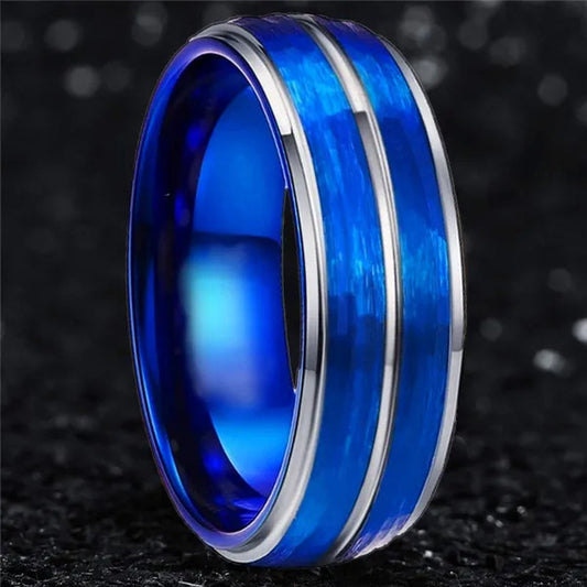 NEW 8mm Polished Grooved Tungsten Steel Rings Blue Brushed Hammered Step Edge Jewelry  for Men Wedding Band