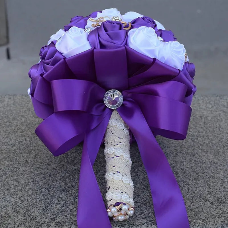 21CM Silk Rose Wedding Flower Bouquet Pearl Rhinestone Brooch Bouquet Bride Bridesmaid Holding Flowers Wedding Party Shooting Props