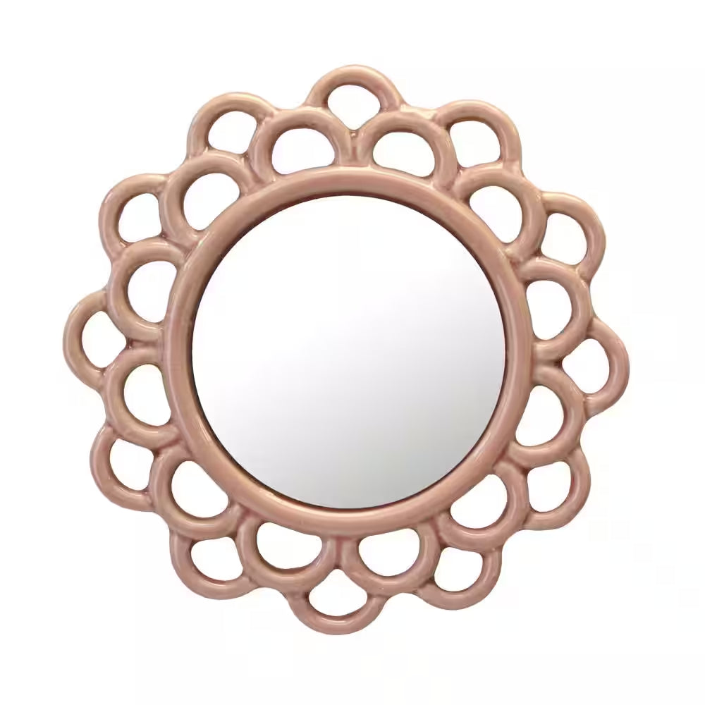 9 In. X 9 In. Decorative round Pink Dusty Rose Cutout Ceramic Wall Hanging Mirror