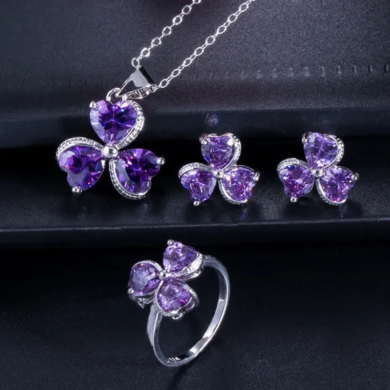 CANDICE Sterling Silver Plated Heart Shape Jewelry Set Pave Austrian Purple Pink Champagne Crystal Drop Dangle Necklace Earrings Ring Sets for Women Girls