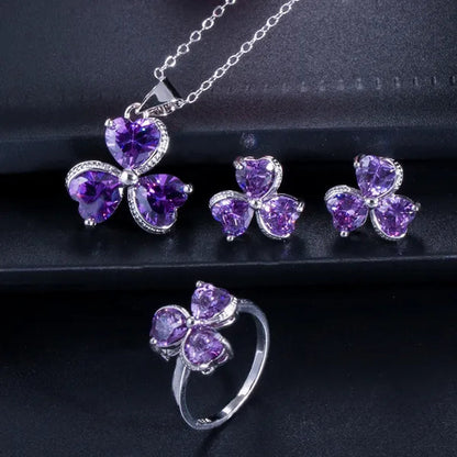 CANDICE Sterling Silver Plated Heart Shape Jewelry Set Pave Austrian Purple Pink Champagne Crystal Drop Dangle Necklace Earrings Ring Sets for Women Girls