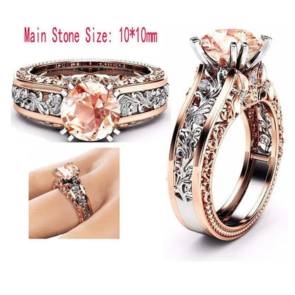 10mm Round Cut Rose & White Gold Plated 925 Sterling Silver Champagne & White Topaz Bridal Engagement Two Tone Gold Ring Size 5-11