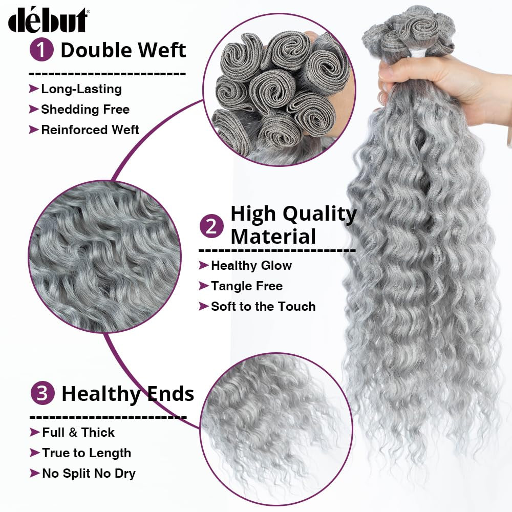 Gray Synthetic Hair 8 Bundles with Simple Closure Water Wave High Temperature Fiber Wavy Hair Weave 9PCS 20 Inches Grey Color 240G