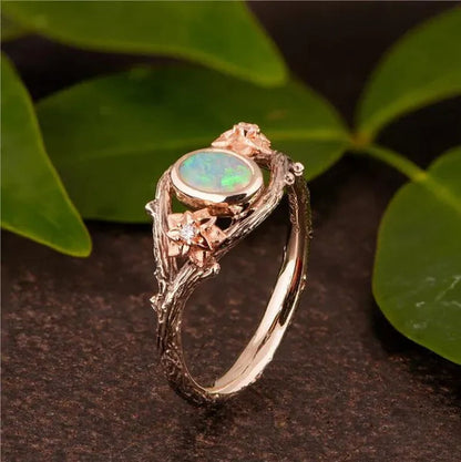 Antique Silver Women's Vintage Two Tone Silver & Rose Gold Twig And Rose Gold Flowers Opal Ring Anniversary Gift Engagement Bridal Wedding Jewelry Rings Size 5-10