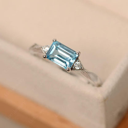 LUO 925 Sterling Silver Emerald Cut 7X5 MM Gemstone Ring East West Dainty Promise Ring for Women