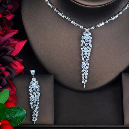 Gloriya Luxury White Gold Plating Blue CZ Flower Jewelry Bridal Wedding Long Pendant Necklace Earrings Set for Brides