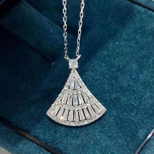 Trendy Silver Plated Pave Setting White Sapphire Lab Diamond Geometric Sector Pendant Necklace for Women Wedding Anniversary Gift