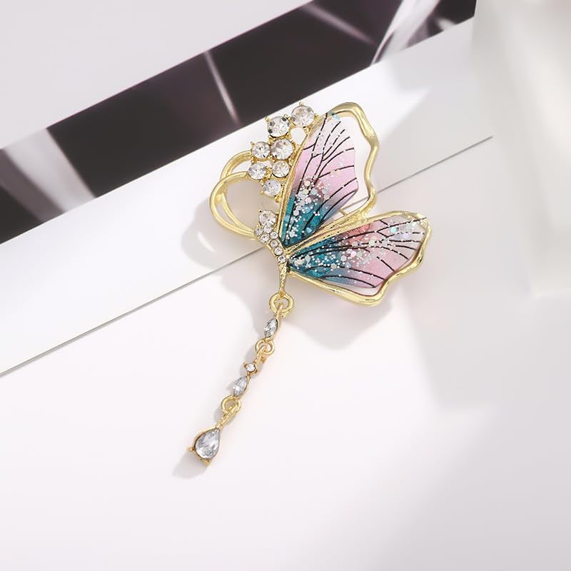 Diamond Inlaid Purple Butterfly Tassel Brooch with High-End Feel, Semi Transparent Insect Butterfly Breast Flower