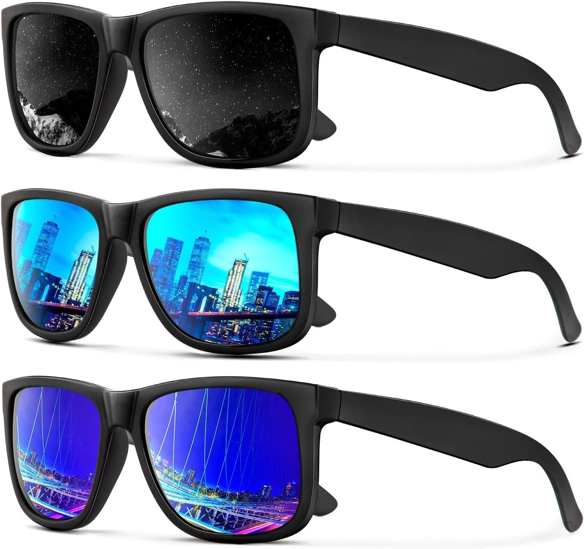Sunglasses Men Polarized Sun glasses for Mens Womens Classic Matte Black Frame UV Protection 3pack