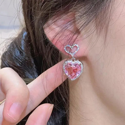 Trendy Pink Sapphire Pendant 925 Sterling Silver Heart Earrings for Women Bridal Romantic Wedding Earrings Jewelry Gift