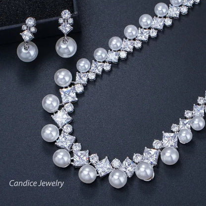 CANDICE High Quality White Gold Plating Square CZ Stone With White Pearl Luxurious Bridal Jewelry Wedding Choker Necklace and Drop Earrings Sets for Brides Dress Accessories