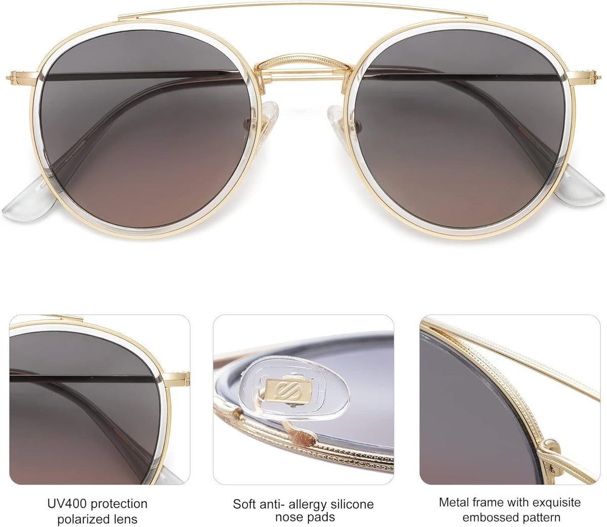 Retro Round Double Bridge Polarized Sunglasses for Women Men Vintage Circle UV400 Sunnies SJ1104