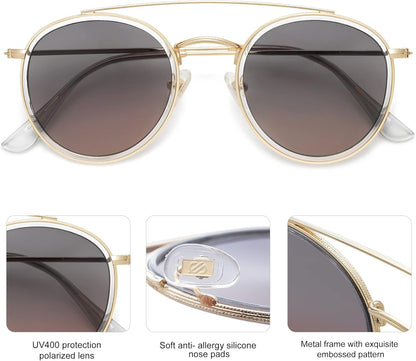 Retro Round Double Bridge Polarized Sunglasses for Women Men Vintage Circle UV400 Sunnies SJ1104