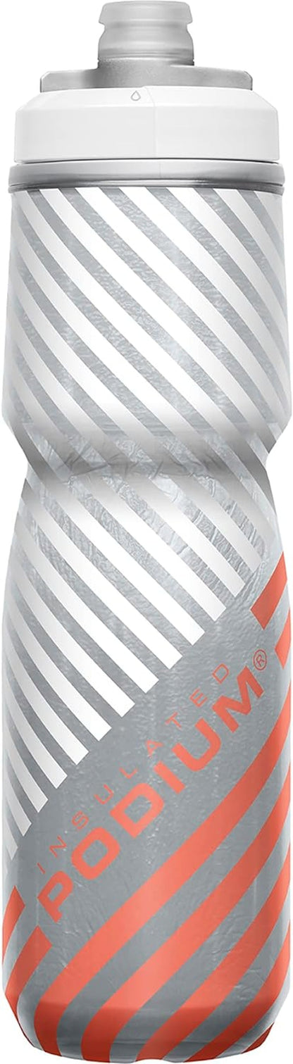 Podium Chill Insulated Bike Water Bottle - Easy Squeeze Bottle - Fits Most Bike Cages - 24Oz, Coral Stripe