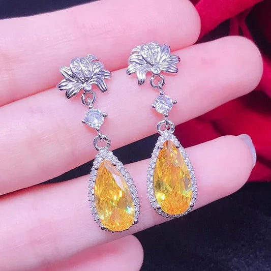 1 Pair Bridal Wedding Dangle Earrings for Women Silver Plated Lab Diamond Teardrop Cut Citrine Gemstone Drop Earrings Fine Jewelry