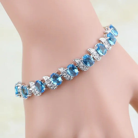 Casual 925 Sterling Silver Jewelry Mystic Sky Blue Cubic Zirconia White Topaz Charm Bracelets For Women