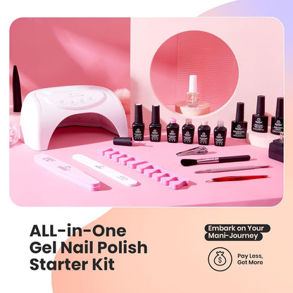 Beetles Gel Nail Polish Kit with 48W light 18 Pcs Gel Starter Kit,6 colors Nude Pink French White Glitter Gel Polish Soak Off Base Top Coat Gel Art Manicure Kit