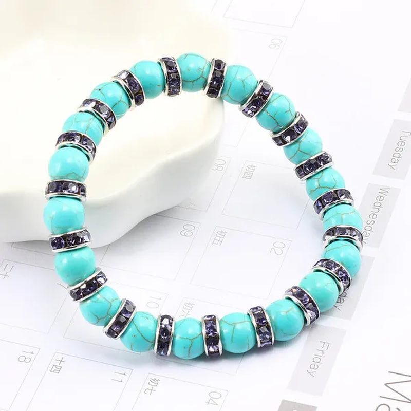Blue turquoise and green point hand natural Vintage bracelet rhinestone rope men's and women's elastic casual bracelet prayer yoga pendant jewelry