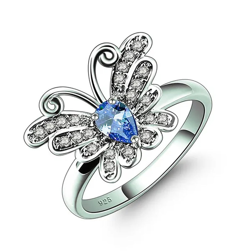 Jewelry 925 Sterling Silver Rainbow Topaz Filled Butterfly Ring for Teen Girls 4*6mm pear shaped high quality lab-created amethyst sapphire Pink gemstone Rings