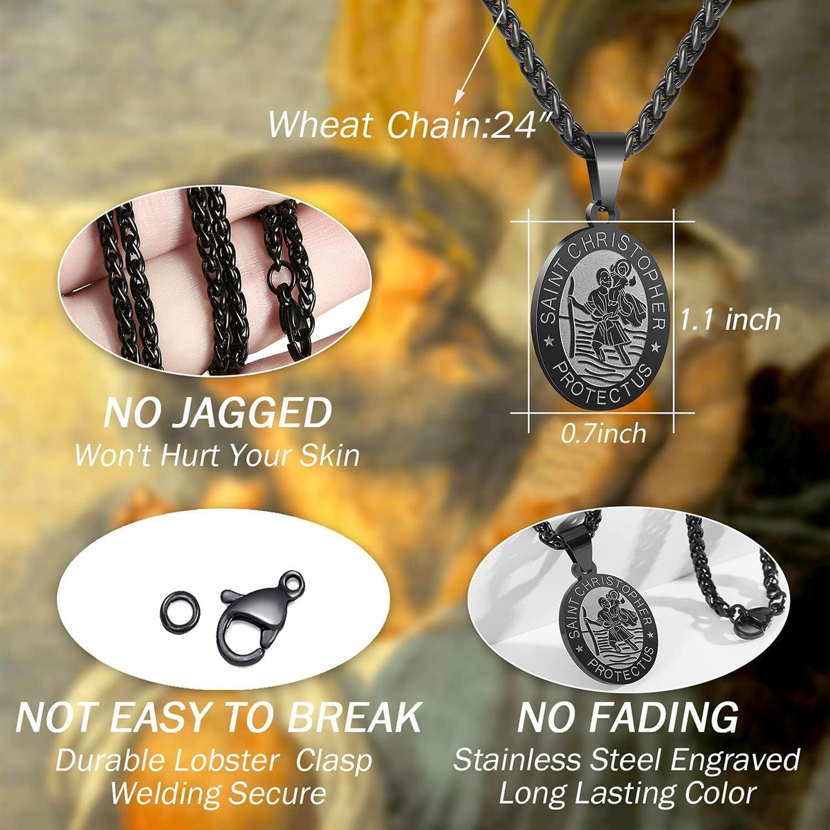 Oval Saint Christopher/Michael/Joseph/Virgin Mary/Florian/Jude Pendant Medal Necklace, Catholic Stainless Steel Wheat Chain 24 Inches