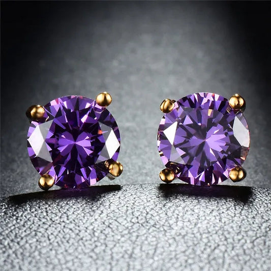 Elegant Round Cut Amethyst Topaz Lab-created Yellow Gold Ear Studs Fashion Earrings for Women