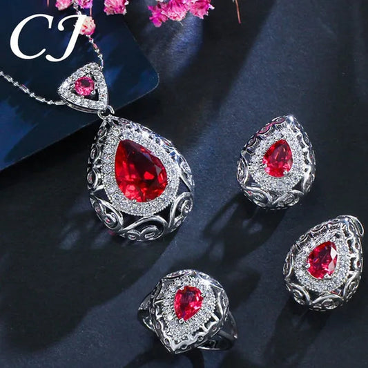 CANDICE Elegant Stamp Sterling Silver Plated Women Jewelry Set Pear Drop Red Cubic Zirconia Necklace Earring Ring 3pcs Sets