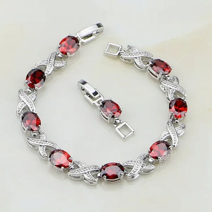 925 Sterling Silver Jewelry Oval Red Ruby White Topaz Chain&Link Bracelet Christmas Gifts For Women Wedding Free Gifts Box