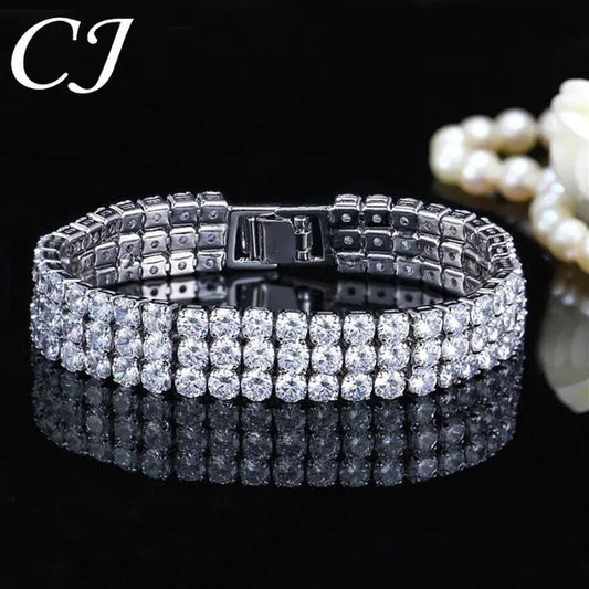 CANDICE Exquisite Hand-Inlay 3 Rows Round Cut Shining CZ Silver Plating Wide Bracelets Bangles High Quality Female Wedding Party Jewelry