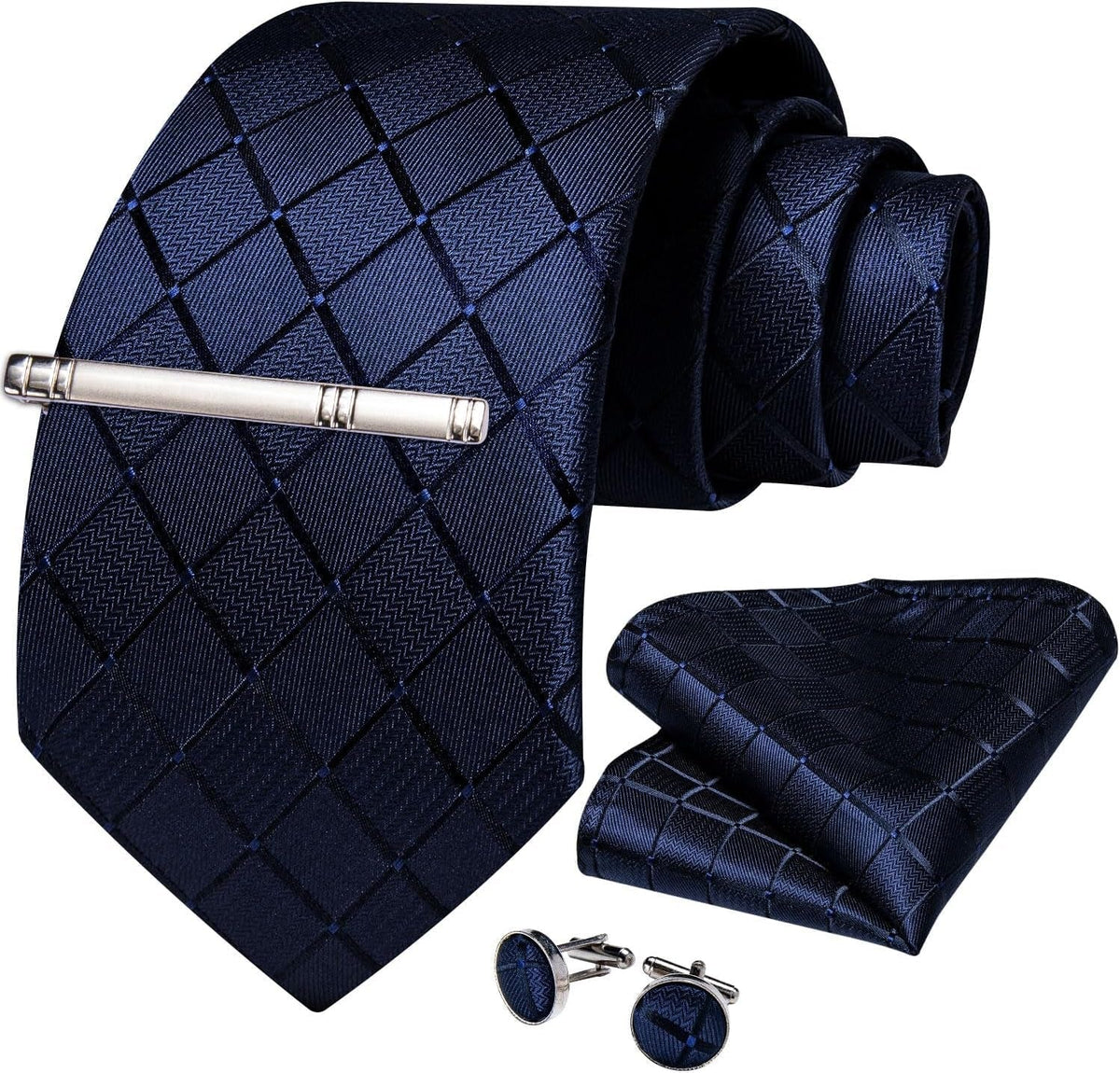 Plaid Ties for Men Silk Checkered Necktie and Pocket Square Cufflinks Tie Clip Set with Gift Box for Wedding Business