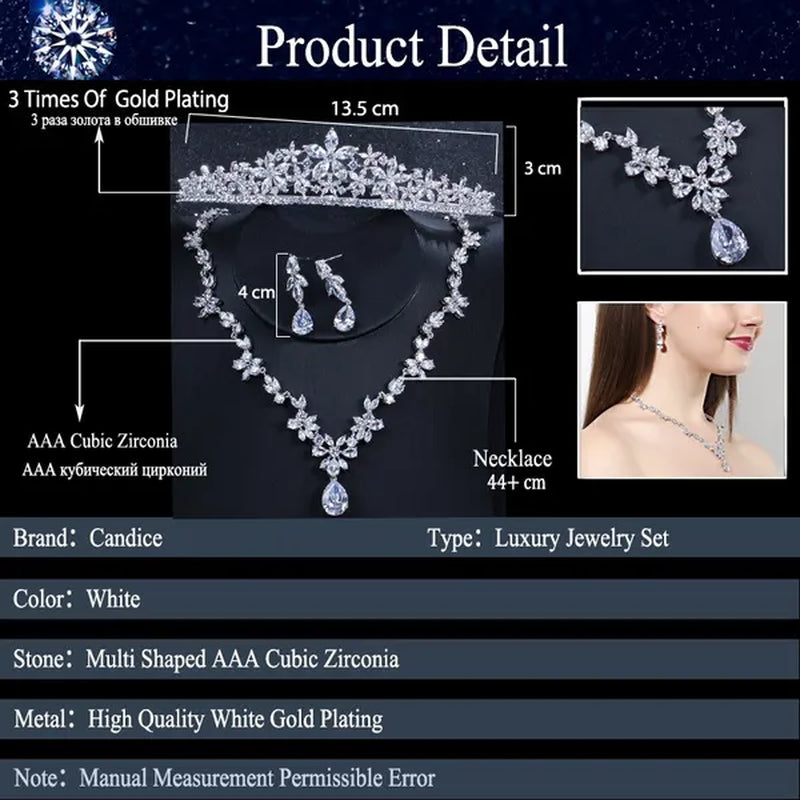 CANDICE Luxurious Classy White Gold Plating Bridal Crown Tiara Necklace Earrings Sets Pave Water Drop Cubic Zirconia Wedding Jewelry Set for Brides