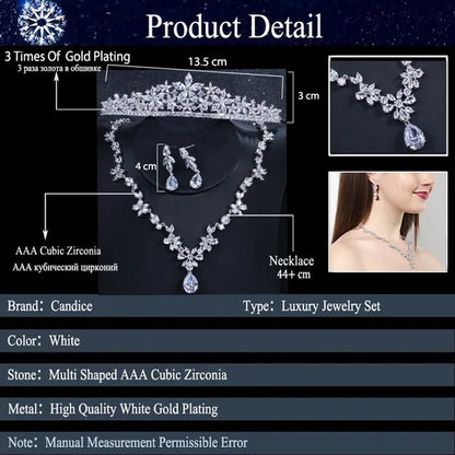 CANDICE Luxurious Classy White Gold Plating Bridal Crown Tiara Necklace Earrings Sets Pave Water Drop Cubic Zirconia Wedding Jewelry Set for Brides