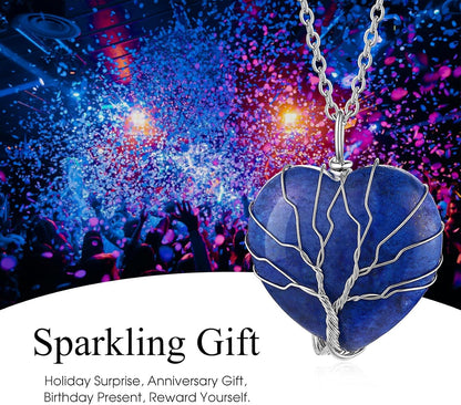 Tree of Life Wrapped Healing Crystal Necklaces 12 Month Birthstone Pendant for Women, Crescent/Heart Gemstone Jewelry, Vintage Birthday Gifts/Energy Gift