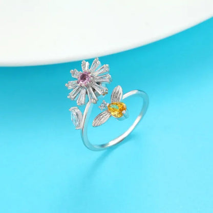 Flower Bees  Silver Multicolor Creative Sweet Cute Princess Rings Daisy Opening Ring Adjustable Ring Anniversary Statement Natural Gemstones Pink Sapphire White Sapphire Ring