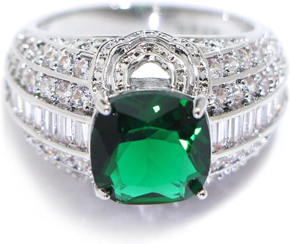 925 Sterling Silver Shiny Full Diamond Emerald Ring Cubic Zirconia Rings Gemstone Ring CZ Diamond Eternity Engagement Wedding Band Ring for Women (US Code 7)