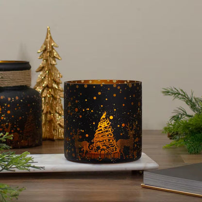 6 In. Black and Gold Deer and Pine Trees Flameless Glass Candle Holder