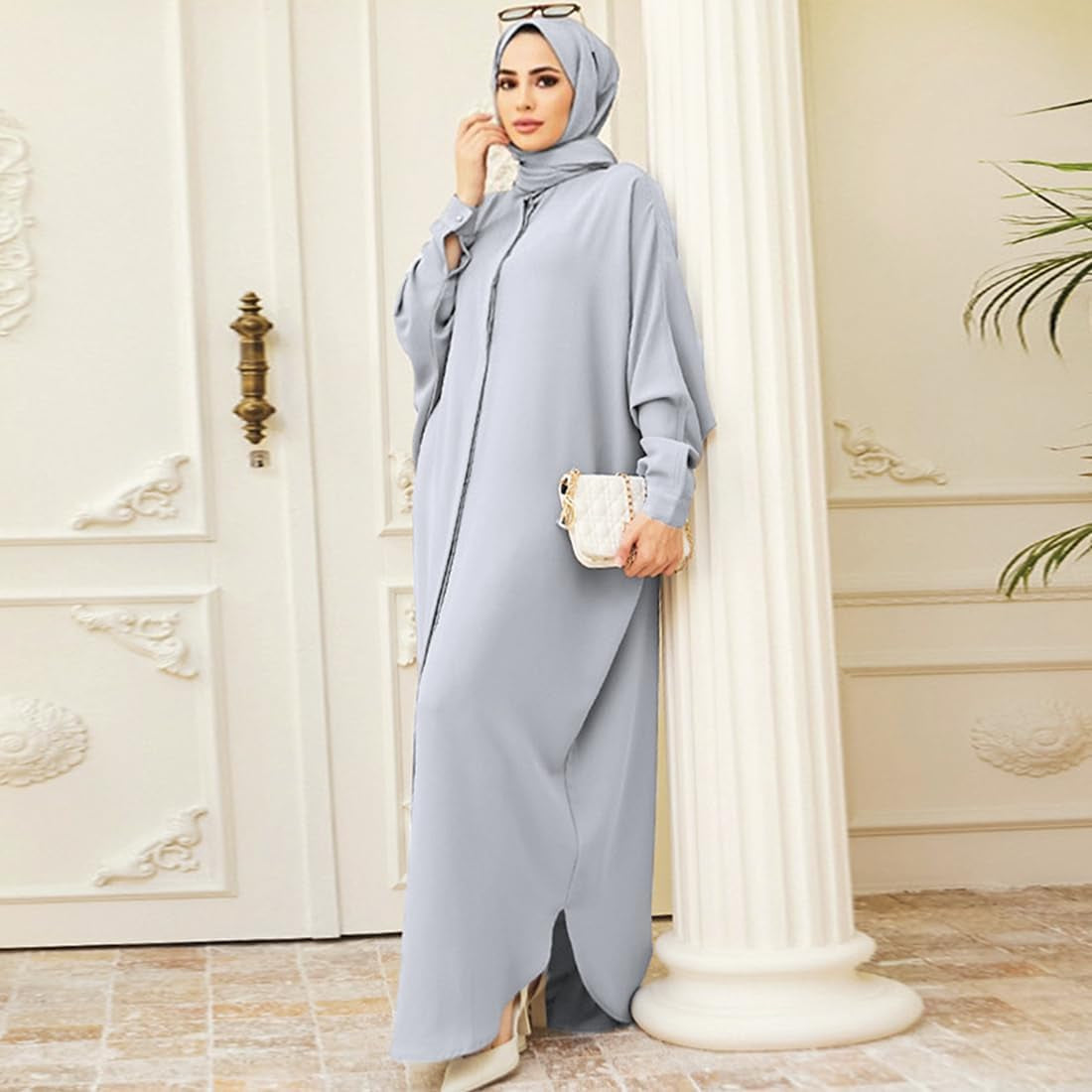 Women Abayas Dubai Kaftan Henley Shirt Prayer Maxi Dress Muslim Batwing Sleeve Ramadan Islamic Clothes
