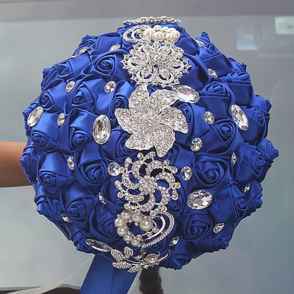 24CM Customized Silk Rose Wedding Bouquet Sapphire blue Artificial Flowers Wedding Bridal Bouquet Luxury Crystal Pearl Brooch Bridesmaid Bride Holding Flowers