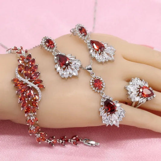 Women jewelry sets Flower Shaped Red/Blue/Green Stones Rings Necklace Earrings