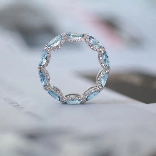 Women Exquisite 925 Sterling Silver Filled Aquamarine Sea Blue Diamonds Gemstone Princess Rings Jewelry