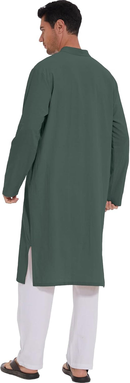 Men'S Long Sleeve Muslim Thobe Robe Button up Kaftan with Side Split and Pockets