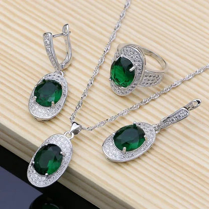 Big Natural Green Emerald 925 Sterling Silver Jewelry Sets Wedding Women Stone Charm Jewelry Accessories