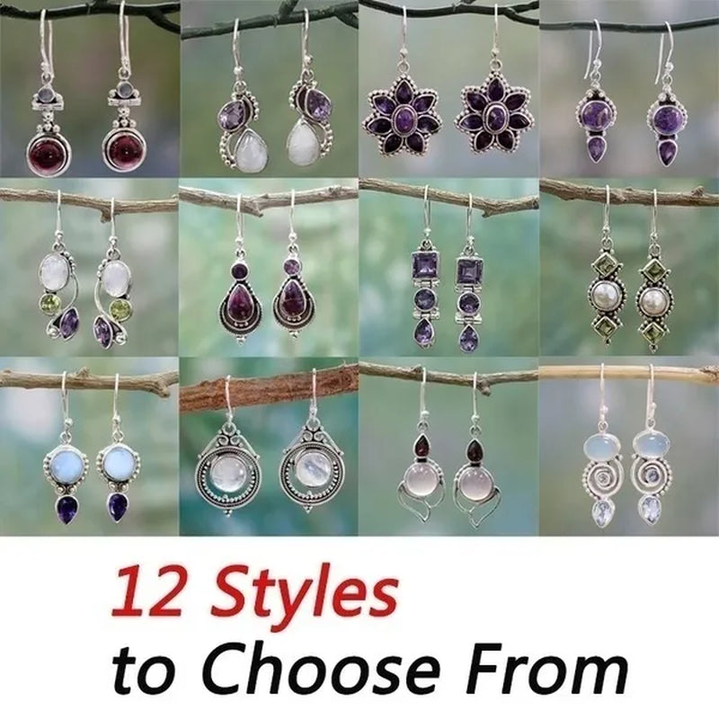 12Styles Vintage Earrings Rainbow Moonstone Earring Amethyst&Peridot&Pearl Dangle Earrings for Women Wedding Bridal Jewelry Gifts
