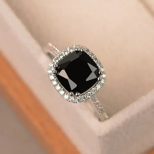 Black Spinel Ring, Halo Ring, Cushion Cut, Black Rings, Gemstone Ring, Promise Ring Black, Sterling Silver