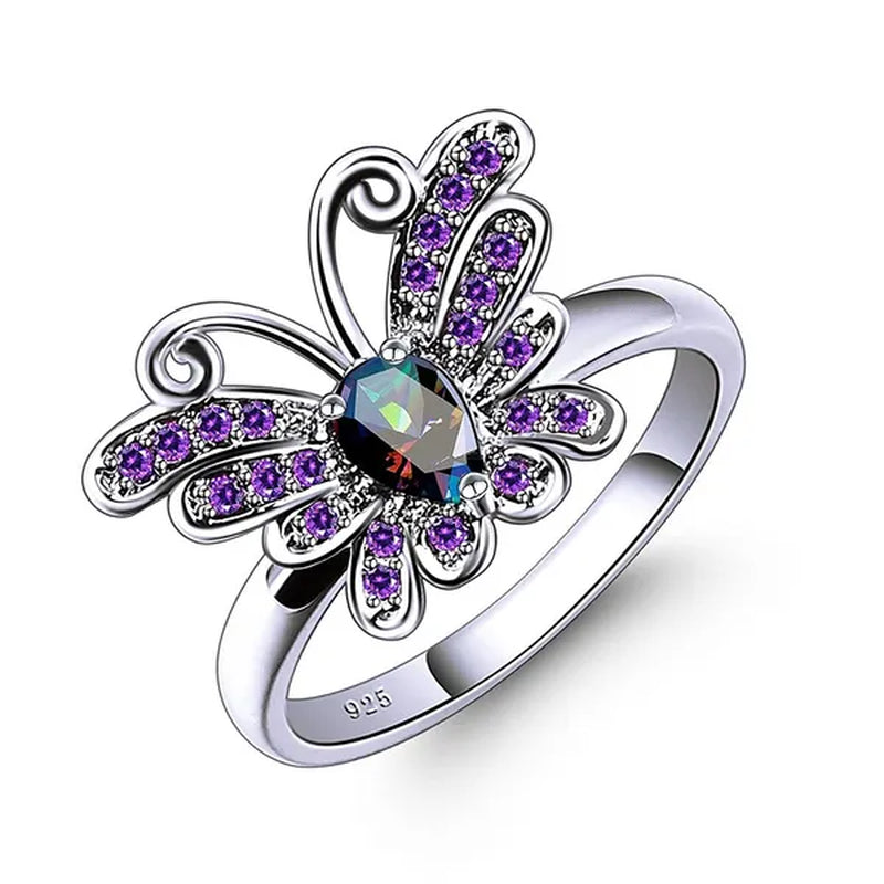 Jewelry 925 Sterling Silver Rainbow Topaz Filled Butterfly Ring for Teen Girls 4*6mm pear shaped high quality lab-created amethyst sapphire Pink gemstone Rings