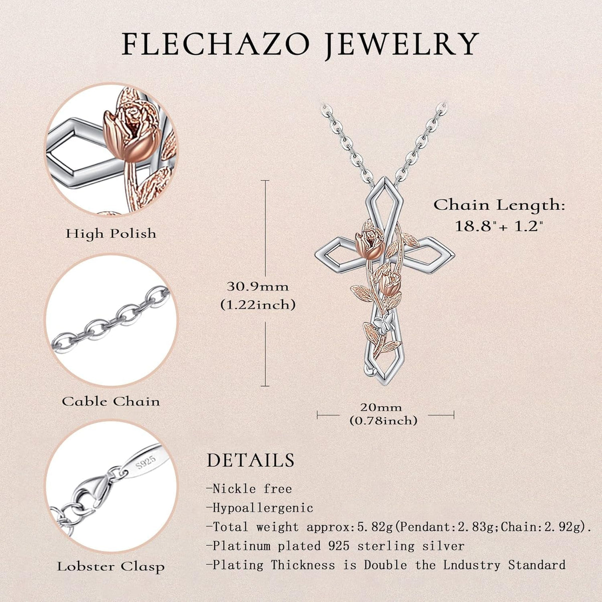 Cross Necklace for Women 925 Sterling Silver Rose/Sunflower/Lily/Daisy/Heart/Dove Cross Infinity Necklace Dainty Sunshine Love Pendant Necklaces for Your Lover 19 to 20 Inches Flexible Fit Necklace