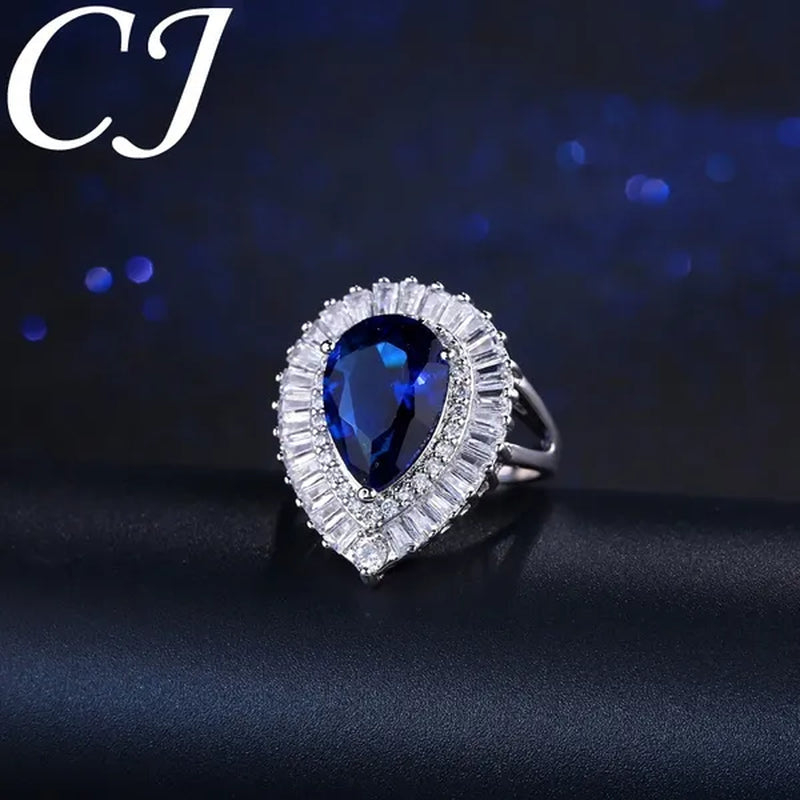 CANDICE Vintage Ladies Banquet Open Ring Pave Classic Blue Crystal Fashion Sterling Silver Plated Jewelry