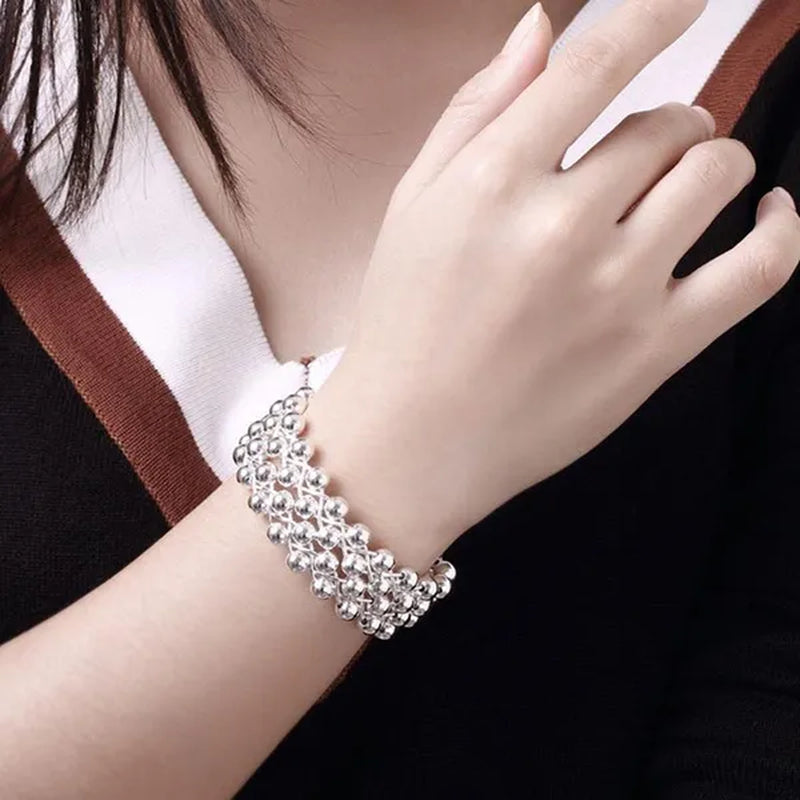 925 Sterling Silver Smooth Round Beads Hand-woven Four-row Wide Face Bangle Bracelet Fashion Charm Party Jewelry
