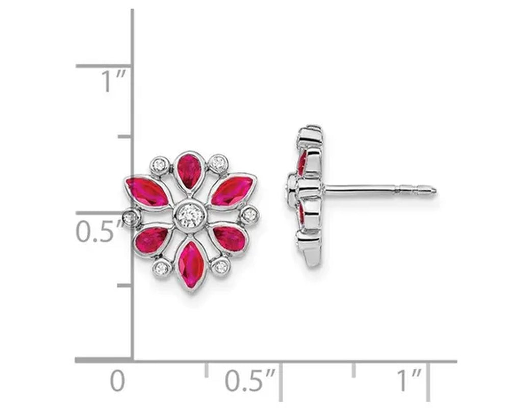 14K White Gold 9/10 Carat (ctw) Natural Ruby Flower Earrings with Diamonds 1/8 Carat (ctw)